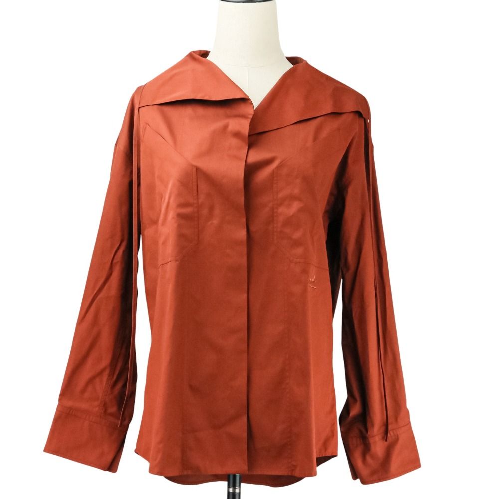 ♥ 25 AW HERMES エルメス Draped collar shirt コットンツイル ブラウス サイズ32 ブラウン レディース 古着