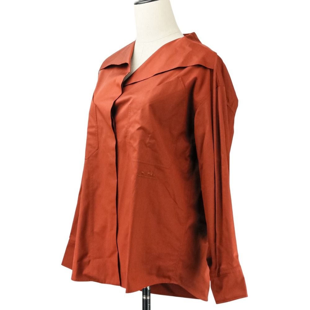 25 AW HERMES エルメス Draped collar shirt コットンツイル ブラウス サイズ32 ブラウン レディース 古着
