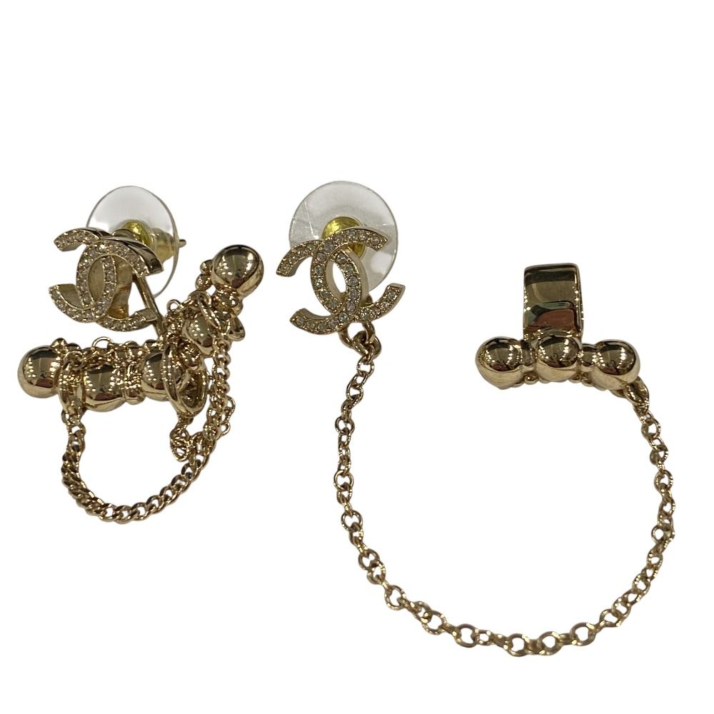 I 22 C CHANEL シャネル ラインストーンココマーク チェーンカフ付き スタッドピアス ゴールド レディース 古着