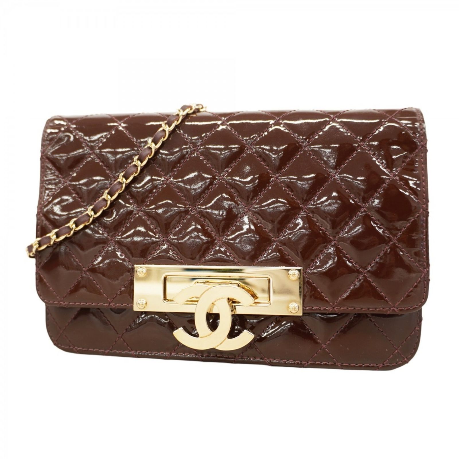 シャネル Chanel 財布 ショルダーウォレット マトラッセ チェーンショルダー パテントレザー ボルドー シャンパンレディース