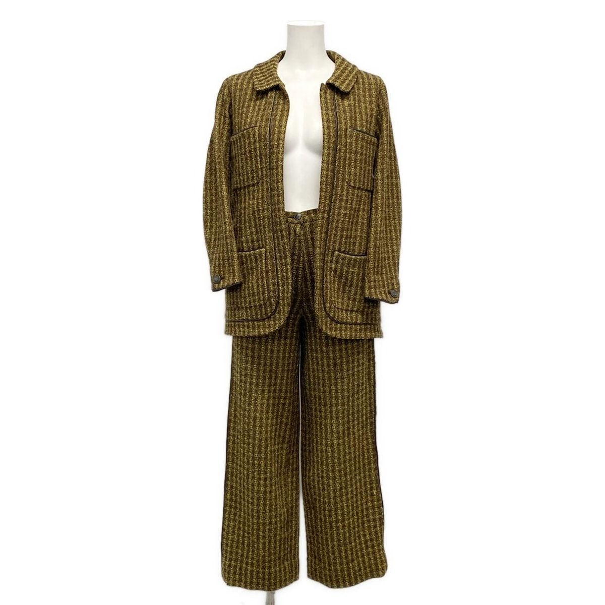 CHANEL シャネル レディースパンツスーツ レディース P 09662 イエローベージュ×ダークブラウン チェック柄 ウール