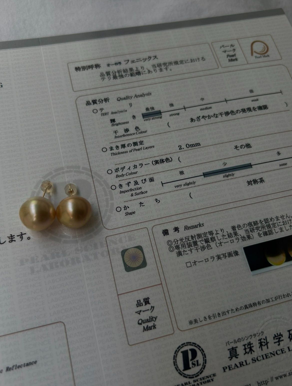 白蝶 真珠 南洋 ナチュラルゴールド フェニックス ピアス K 18 15.2 mm 真珠科学研究所 月光彩虹