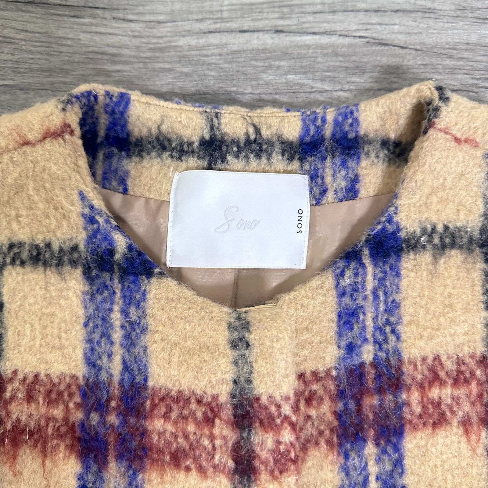 SONO サンプル品 19AW シャギーチェックコクーンコート ノーカラー 