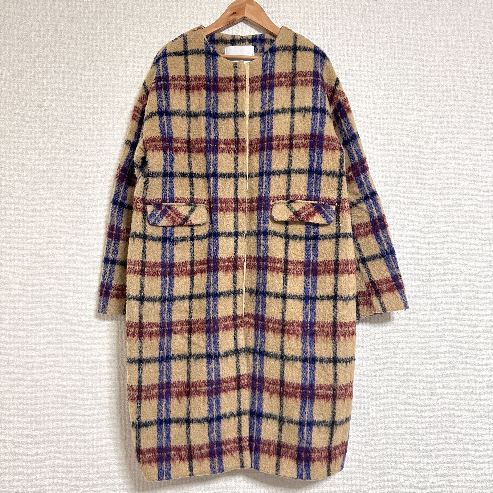 SONO サンプル品 19AW シャギーチェックコクーンコート ノーカラー 