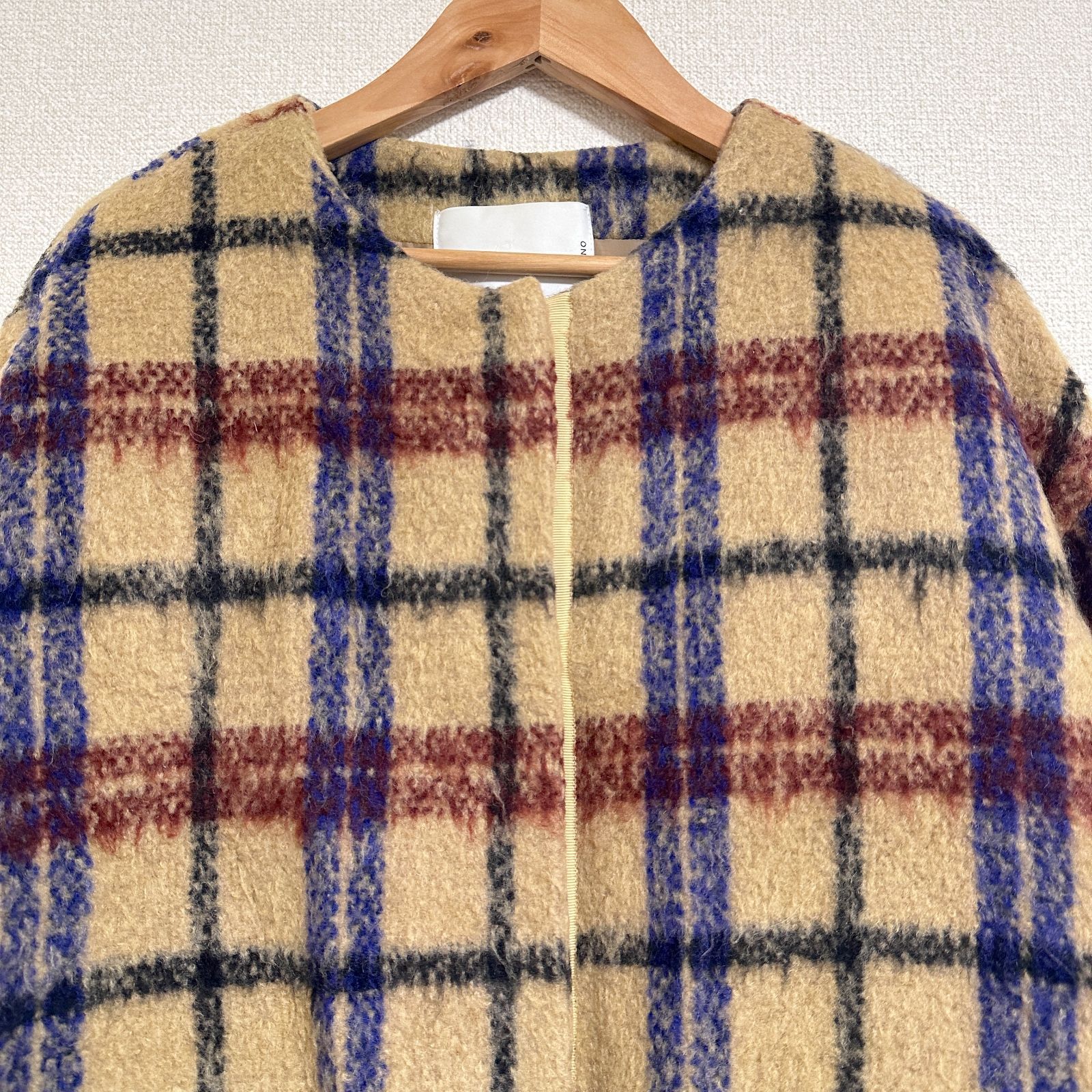 SONO サンプル品 19AW シャギーチェックコクーンコート ノーカラー 