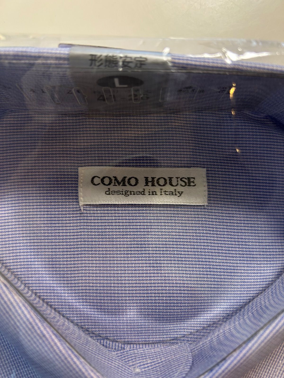 ♥品COMO HOUSEメンズ半袖ワイシャツビジネスシャツ青色ブルー系襟回り41-裄丈ゆき丈26 ドレスシャツ 袋入 形態安定表記サイズL