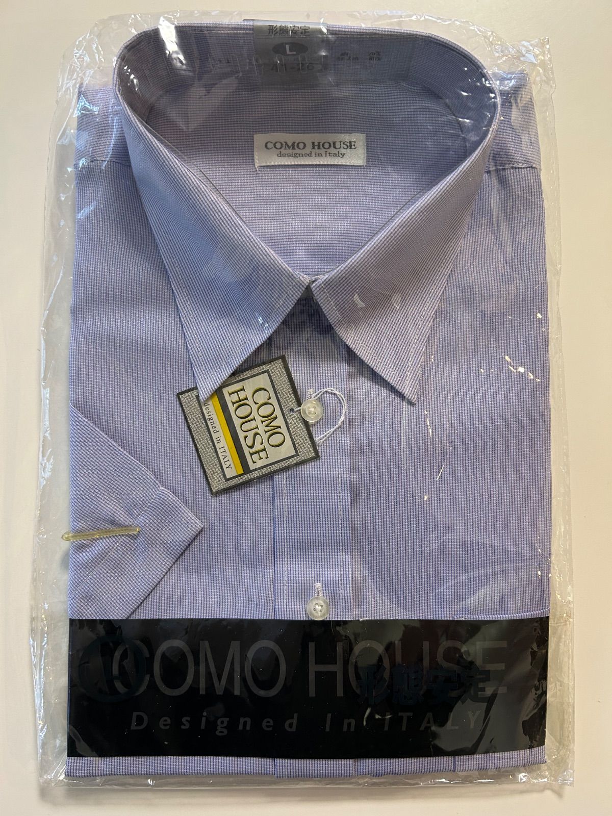 ♥品COMO HOUSEメンズ半袖ワイシャツビジネスシャツ青色ブルー系襟回り41-裄丈ゆき丈26 ドレスシャツ 袋入 形態安定表記サイズL