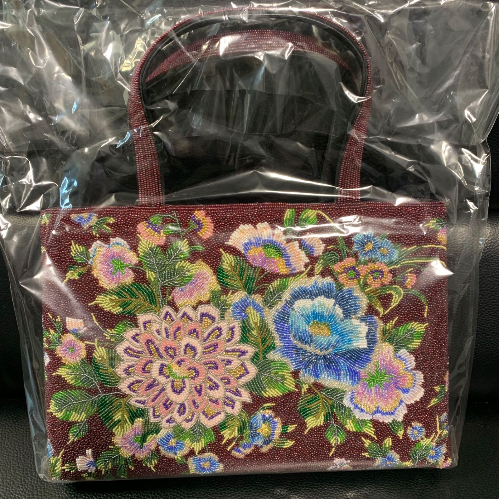 美品 和装小物 ビーズバッグ 柏ビーズ ハンドバッグ Kashiwa Beads 花