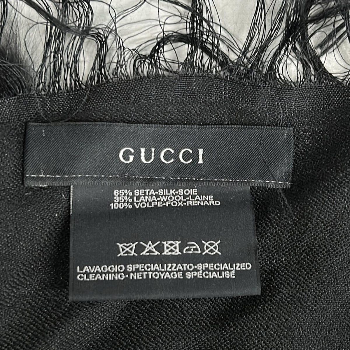 GUCCI グッチ ストール ショール 黒 ウール シルク フォックス