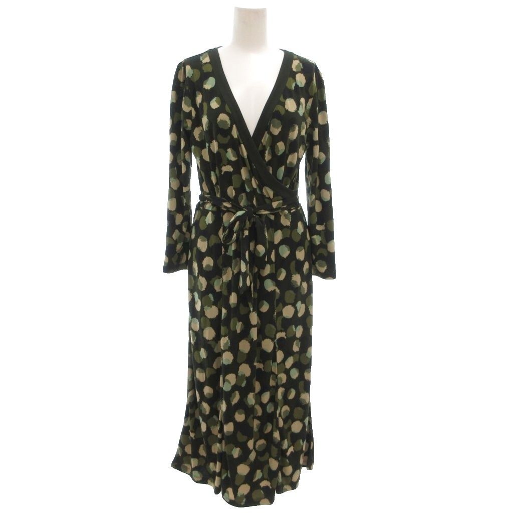 ローラアシュレイ LAURA ASHLEY ロングワンピース 長袖 11 カシュクール ストレッチ カーキ 黒 ブラック ドット柄 GV