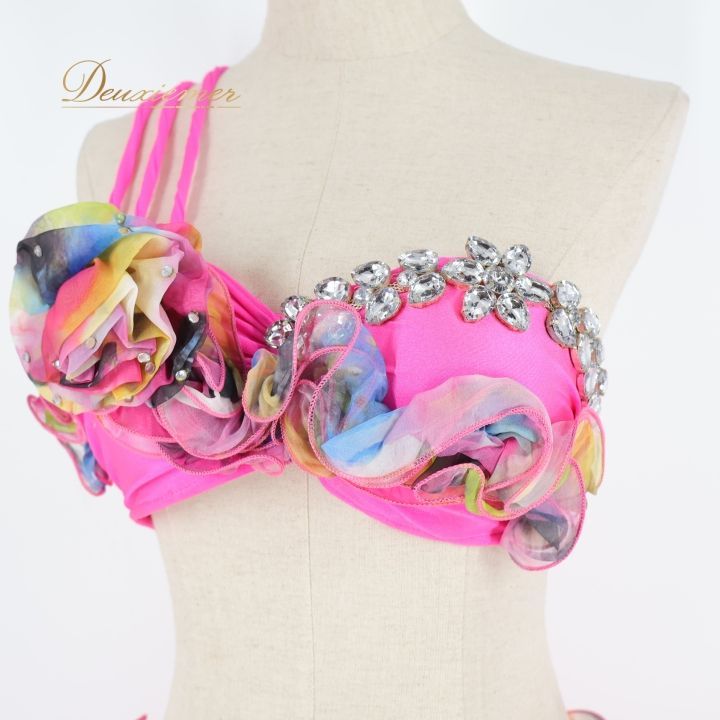 ベリーダンス オリエンタル 衣装 上下セット ピンク系 ラインストーン