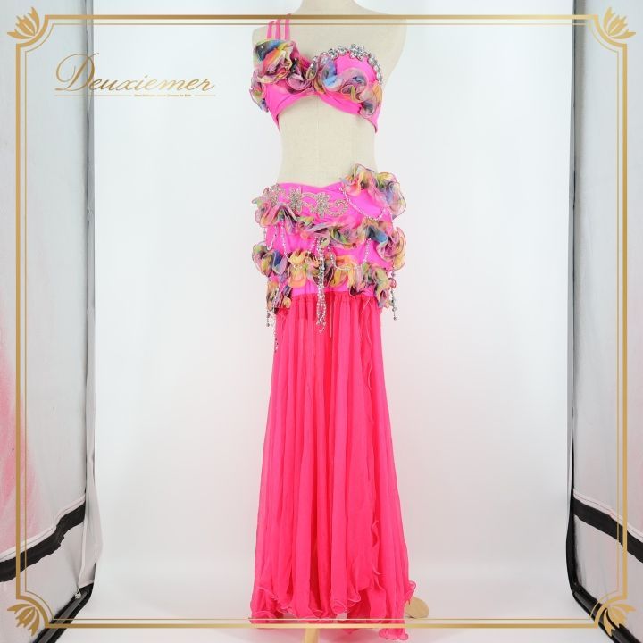 ベリーダンス 衣装　 イエロー ピンク フリル ベリーダンス オリエンタル 衣装 上下セット ピンク系 ラインストーン