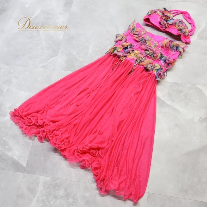 ベリーダンス オリエンタル 衣装 上下セット ピンク系 ラインストーン