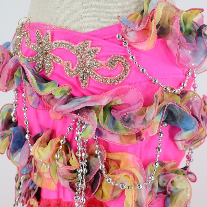 【ベリーダンス用 オリエンタル衣装】オレンジ×ピンク ラインストーン フリル ベリーダンス オリエンタル 衣装 上下セット ピンク系 ラインストーン