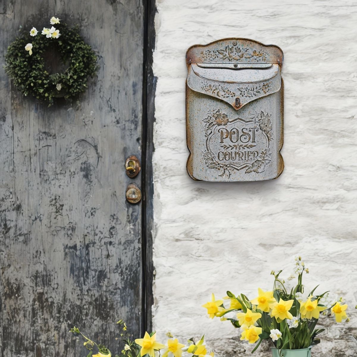レトロな雰囲気 壁掛けメールボックス ロック付き 郵便ポスト グレー メタル製 玄関 ポーチ 庭先を彩る 郵便受け 新築祝いにも