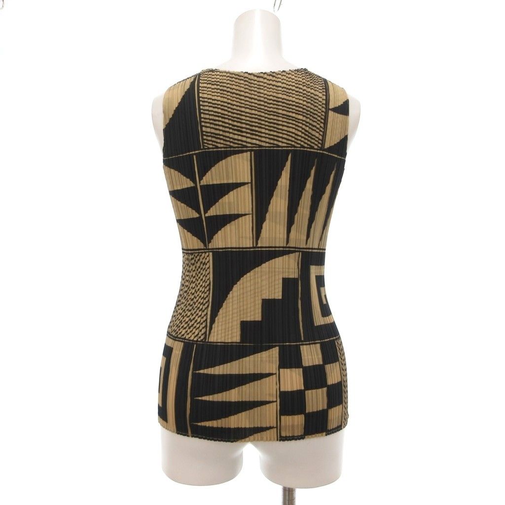 プリーツプリーズ PLEATS PLEASE イッセイミヤケ プリーツ タンクトップ 幾何学模様 総柄 4 ブラック ベージュ UO