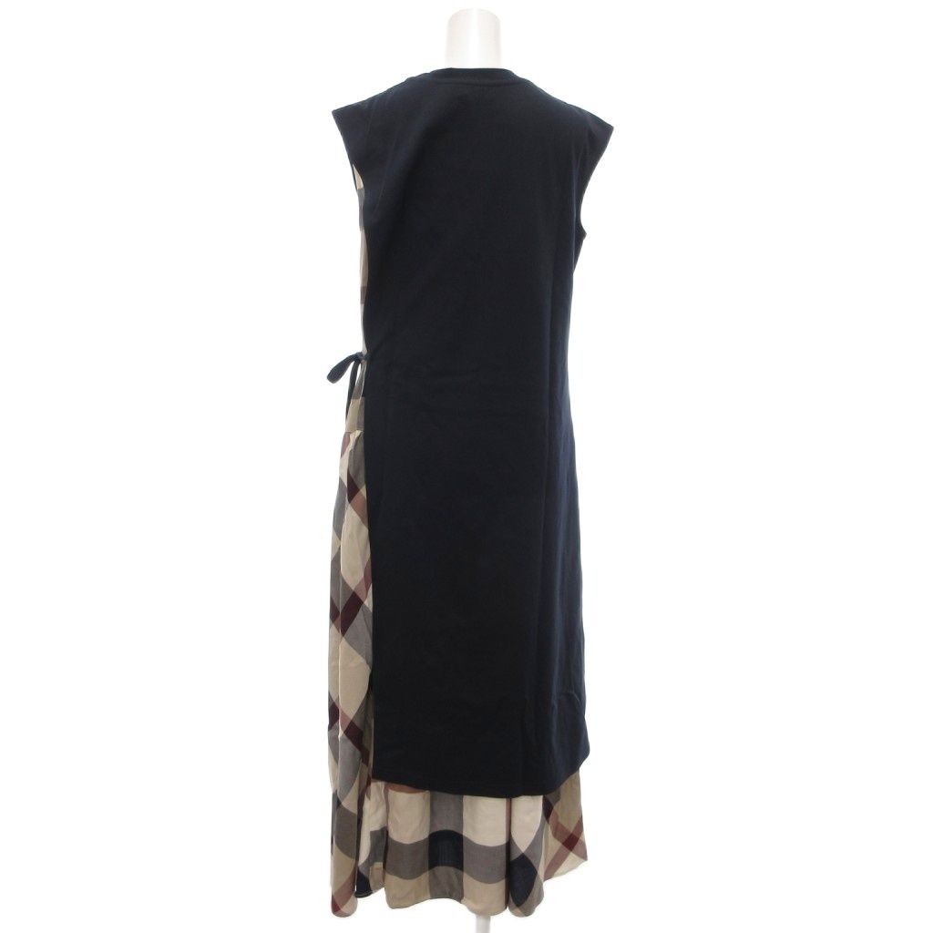 ブルーレーベルクレストブリッジ BLUE LABEL コンパクトストレッチポンチワンピース 3 way ロングジレ付き チェック 38 紺 ネイビー ベージュ系 UO