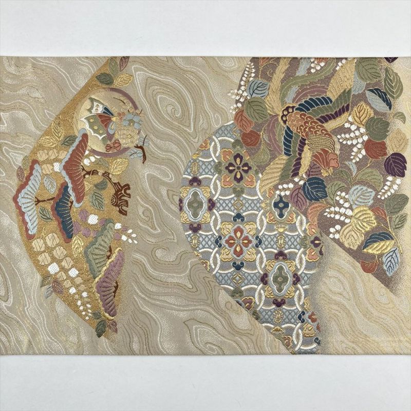  たんす屋 リユース帯 帯 袋帯 ベージュ フォーマル セミフォーマル 六通 金糸 山並み 鳥 蝶 松 藤 桐 年輪 袋帯 帯