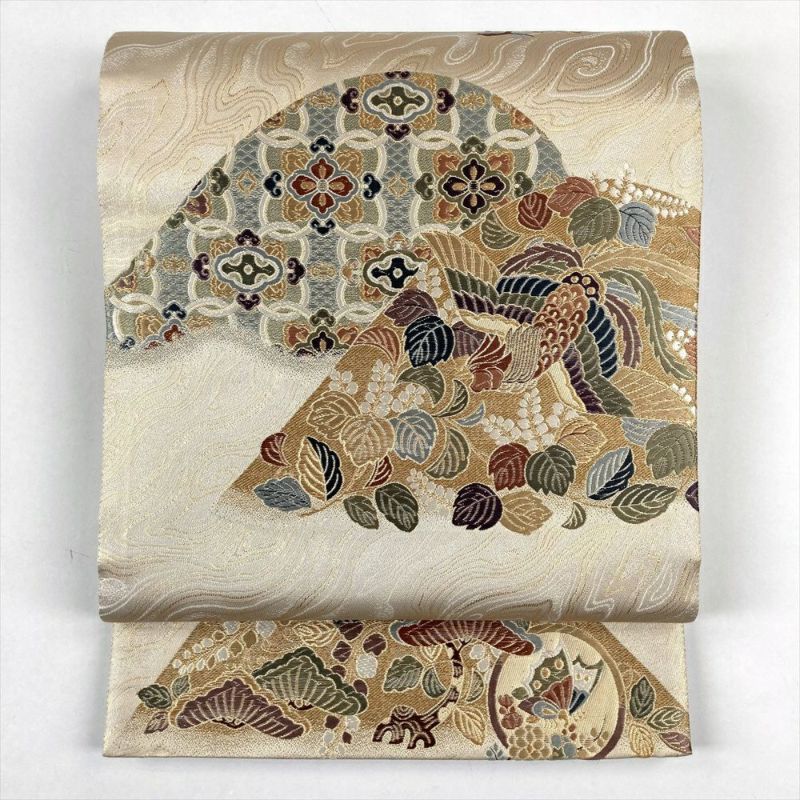 たんす屋 リユース帯 帯 袋帯 ベージュ フォーマル セミフォーマル 六通 金糸 山並み 鳥 蝶 松 藤 桐 年輪