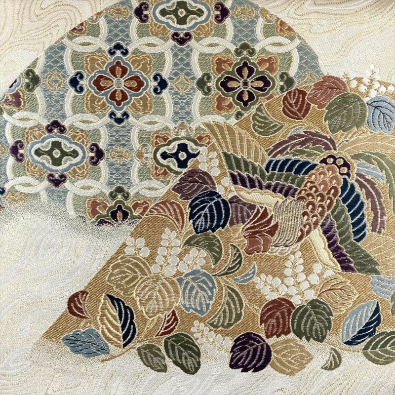 たんす屋 リユース帯 帯 袋帯 ベージュ フォーマル セミフォーマル 六通 金糸 山並み 鳥 蝶 松 藤 桐 年輪