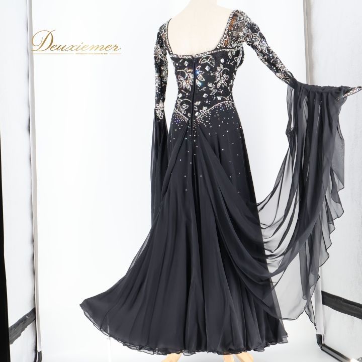 【美品 社交ダンス衣装】ブラック＆ホワイト 白樺ドレス ワンピース ドレス 花柄 社交ダンス 衣装 白樺ドレス スタンダード ドレス ワンピース 黒