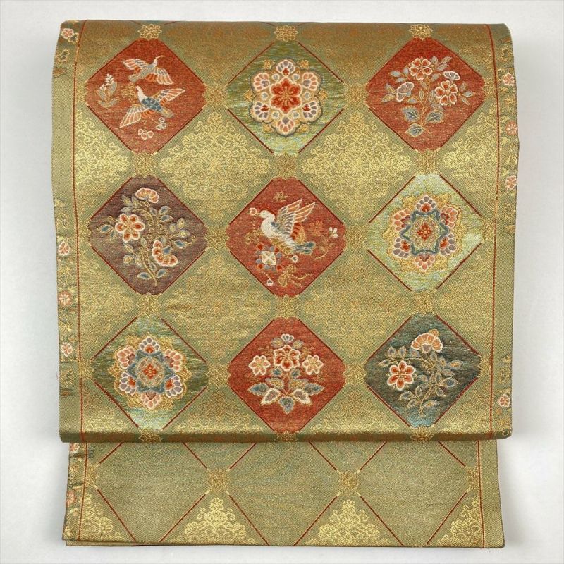 たんす屋 リユース帯 帯 袋帯 金 フォーマル 六通 金糸 菱取り 鳳凰 花喰い鳥 華文 蔓花