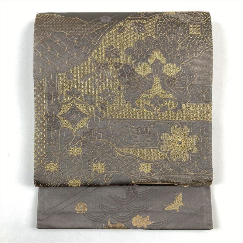 たんす屋 リユース帯 帯 袋帯 グレー フォーマル 六通 金糸 刺繍 吉祥文 蝶 波 四季花