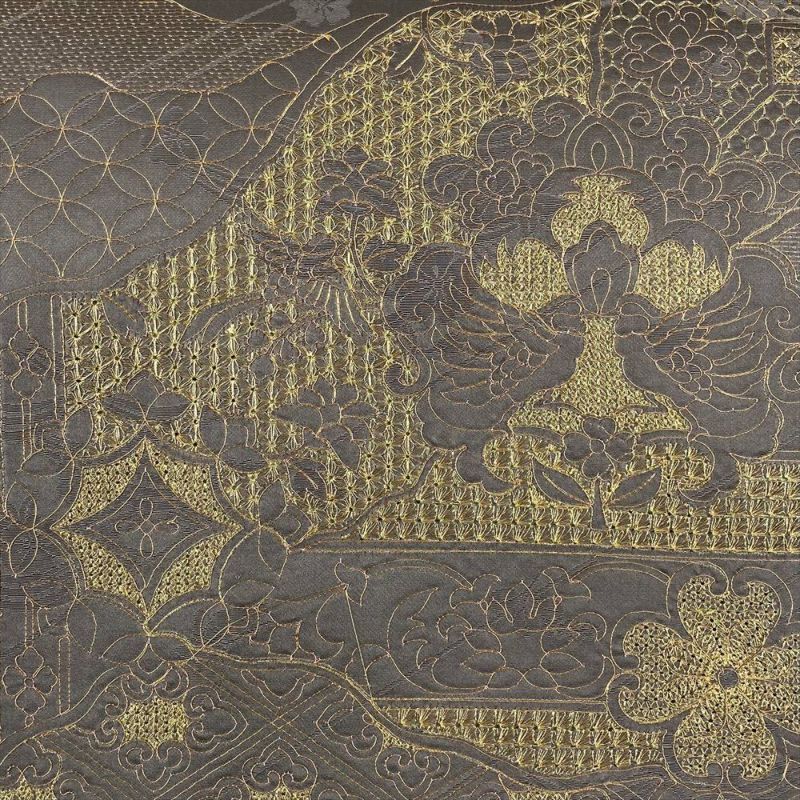 たんす屋 リユース帯 帯 袋帯 グレー フォーマル 六通 金糸 刺繍 吉祥文 蝶 波 四季花