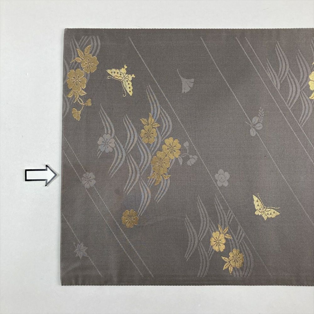  たんす屋 リユース帯 帯 袋帯 グレー フォーマル 六通 金糸 刺繍 吉祥文 蝶 波 四季花 袋帯 帯