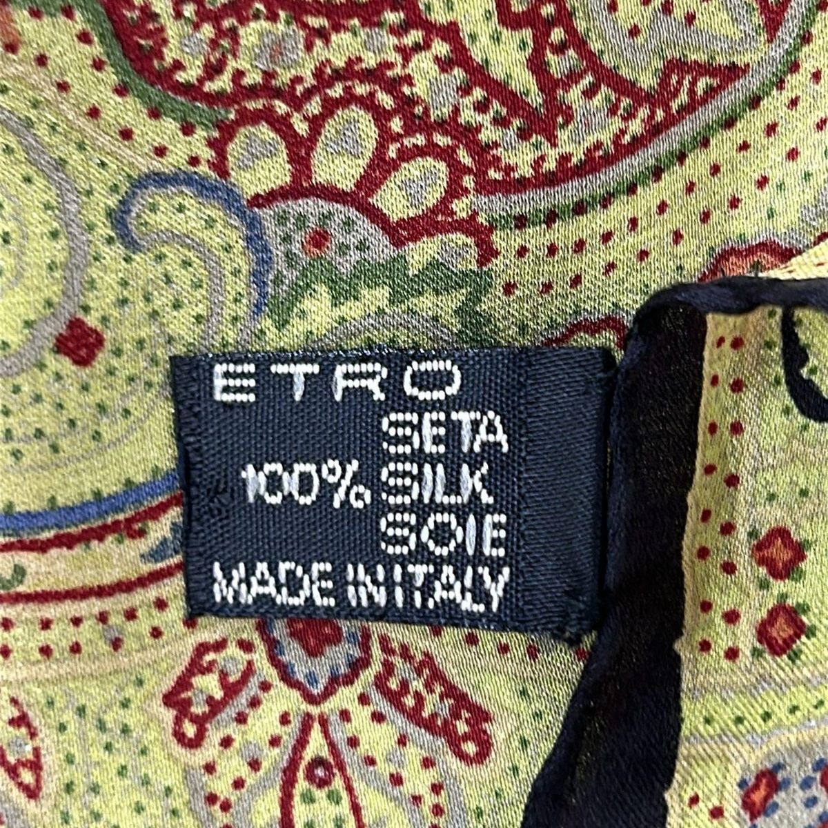 ETRO エトロ スカーフ - ライトグリーン×黒×マルチ ペイズリー柄 ミニサイズ