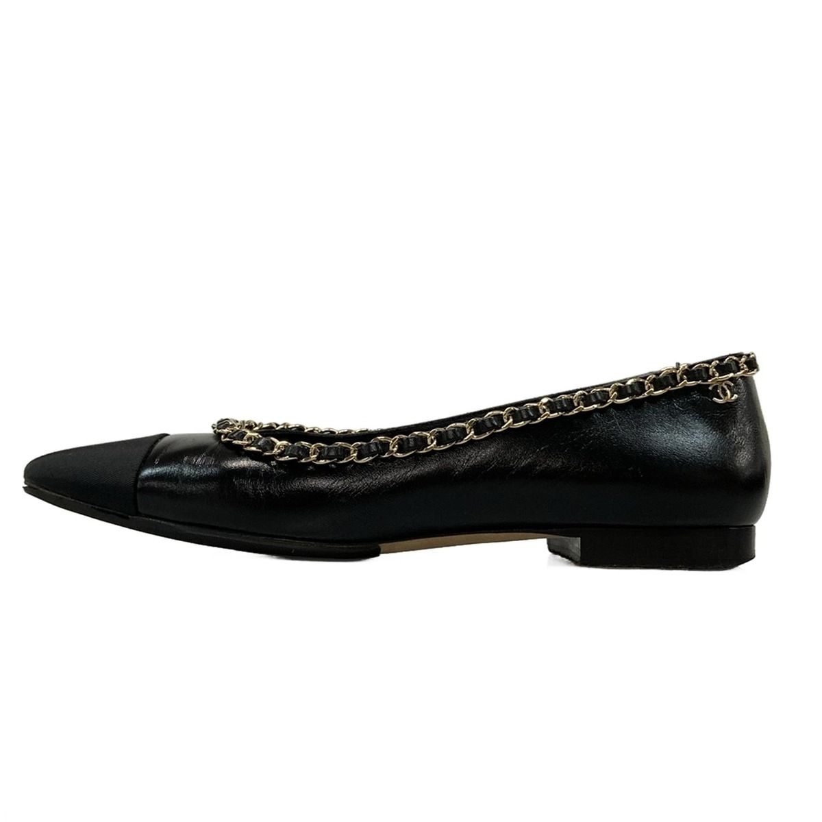 CHANEL シャネル フラットシューズ 38 C レディース - G 35389 黒×ゴールド チェーン アウトソール張替済 レザー