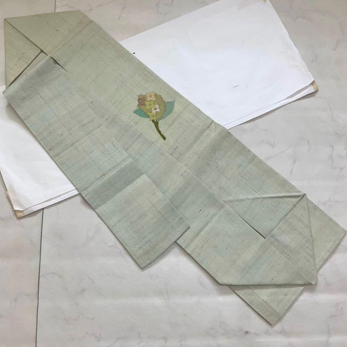 生紬の紫陽花のお洒落な九寸名古屋帯 長尺