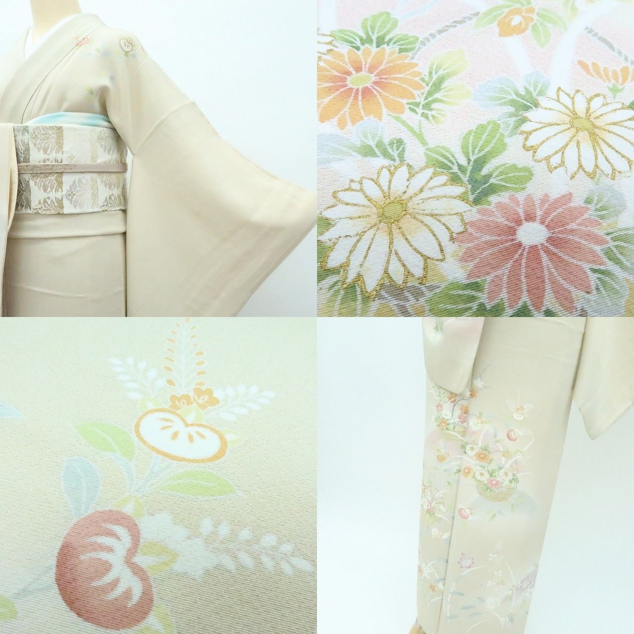 百華❀Y4180◇正絹 手縫い仕立て 百合 橘 椿 花かご 訪問着 着物 単品