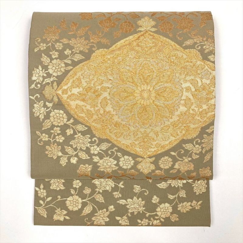 たんす屋 リユース帯 帯 袋帯 ベージュ フォーマル セミフォーマル 六通 金糸 華文 牡丹唐草