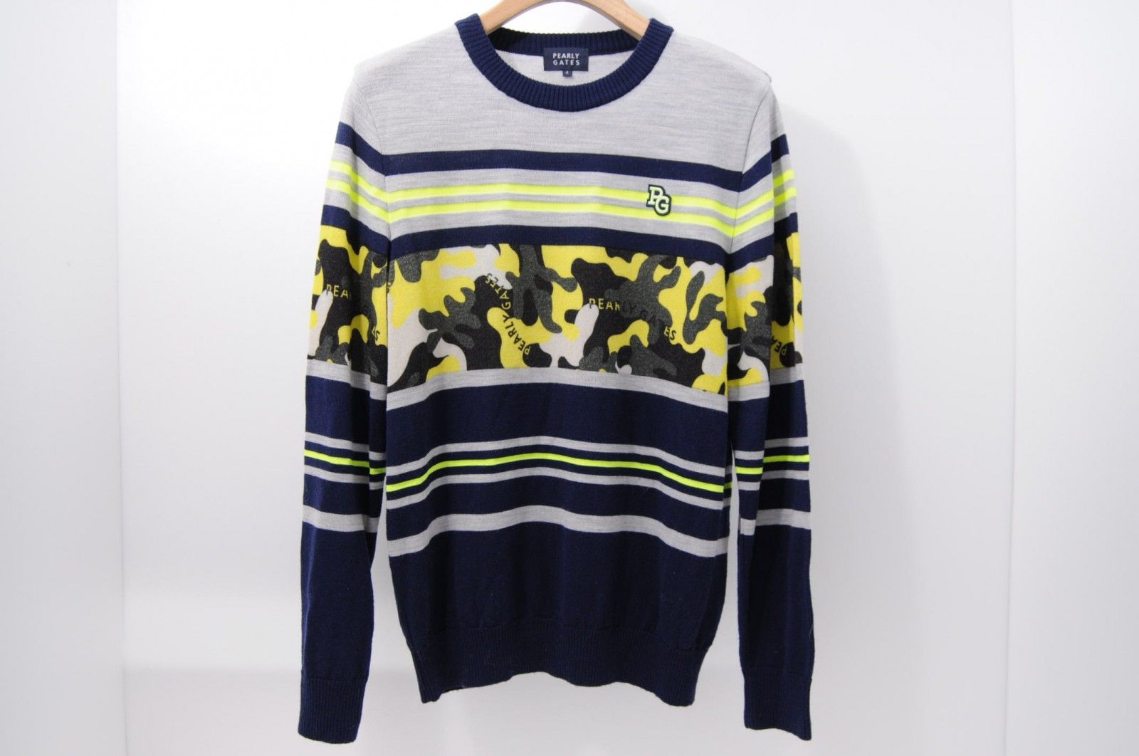  メンズ パーリーゲイツ PEARLY GATES セーター 4(M) 紺×グレー 長袖クルーネック ニット ボーダー