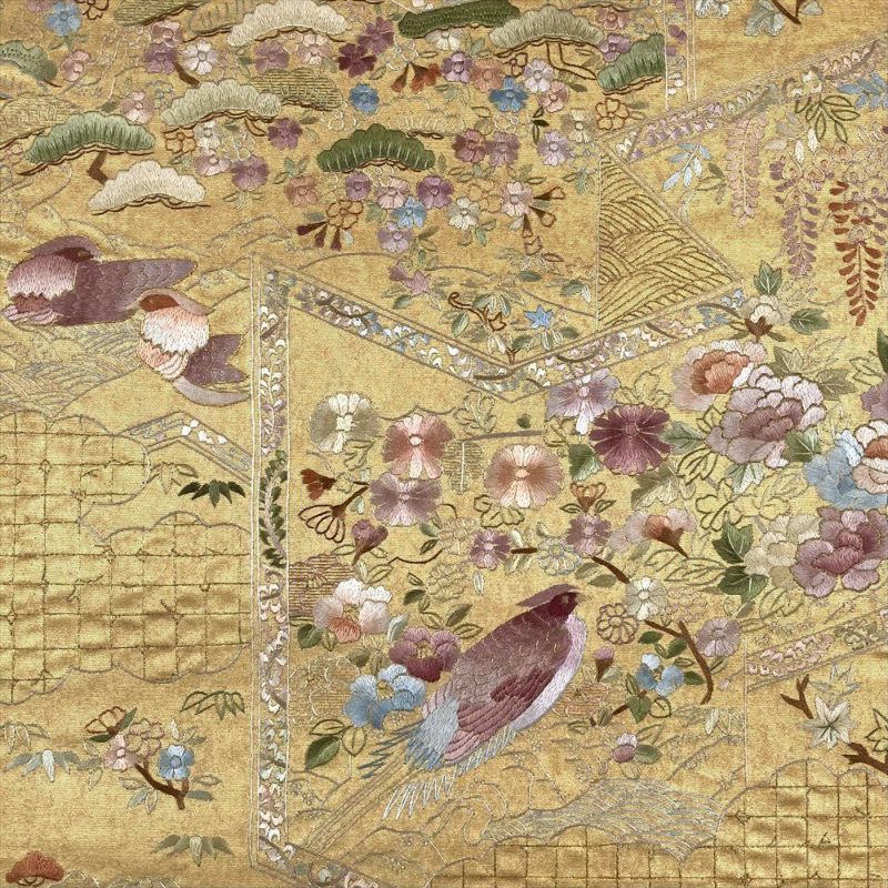 たんす屋 リユース帯 帯 袋帯 金 フォーマル 六通 刺繍 屏風 雲 花鳥