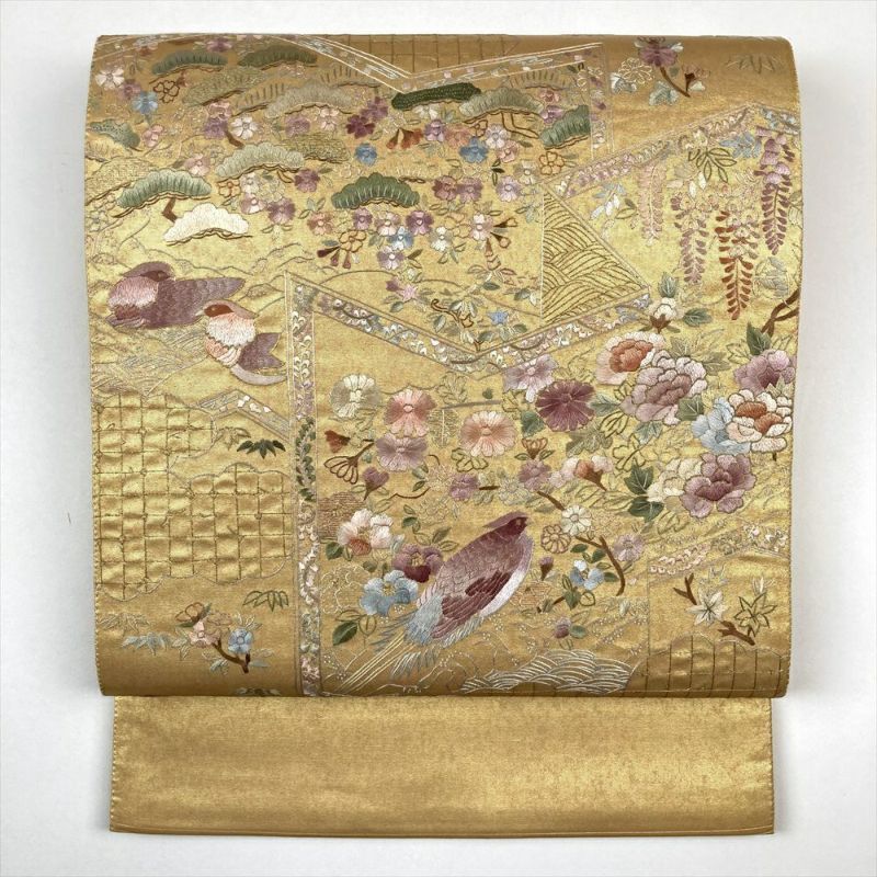 たんす屋 リユース帯 帯 袋帯 金 フォーマル 六通 刺繍 屏風 雲 花鳥