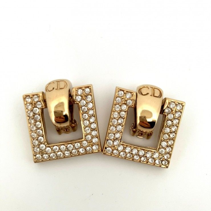 Christian Dior イヤリング CD ラインストーン スクエア GP メッキ
