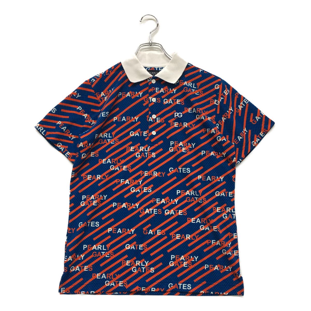  メンズ パーリーゲイツ PEARLY GATES 半袖ポロシャツ 4(M) 青×赤系 ブルー ロゴ総柄