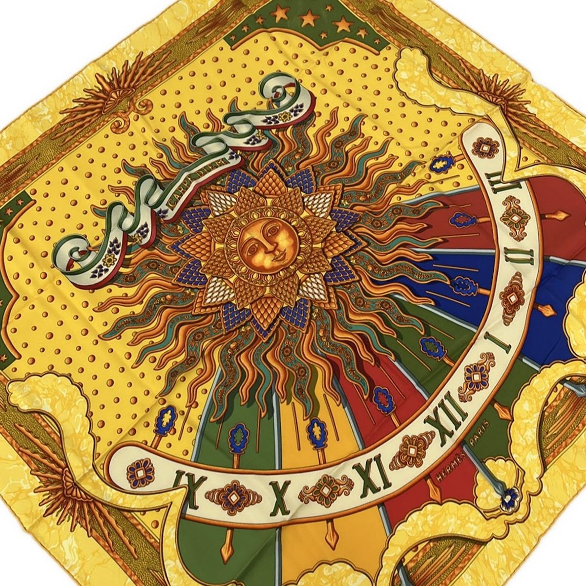 HERMES エルメス スカーフ カレ90 イエロー オレンジ マルチ CARPE DIEM