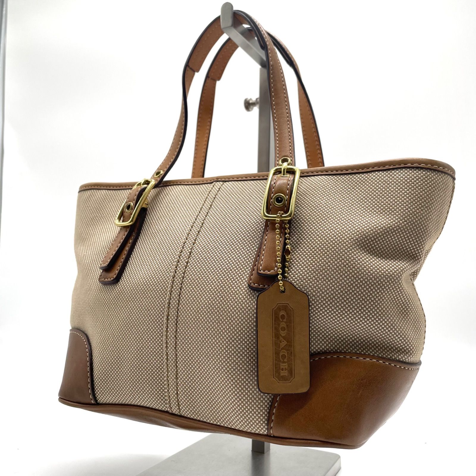 COACH コーチ トートバッグ ハンドバッグ レザータグ シリアル9557 ベージュ 薄茶 キャンバス レザー 革