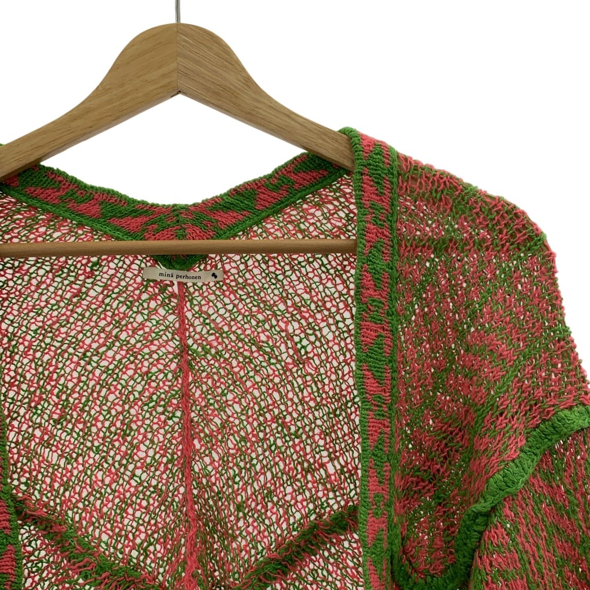 mina perhonen ミナペルホネン troll リネン混 カーディガン 36 ピンク グリーン レディース