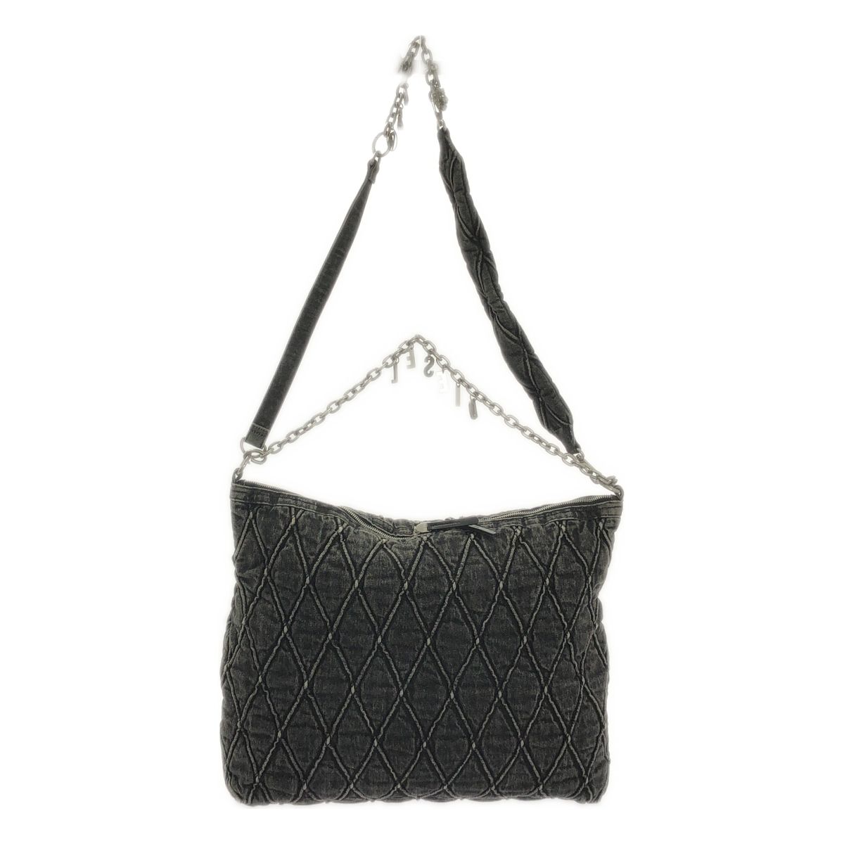 DIESEL ディーゼル ビジュー装飾チャーム キルティング ブラックデニム チェーンショルダー バッグ ロゴ総裏地 チャコールグレー系 レディース