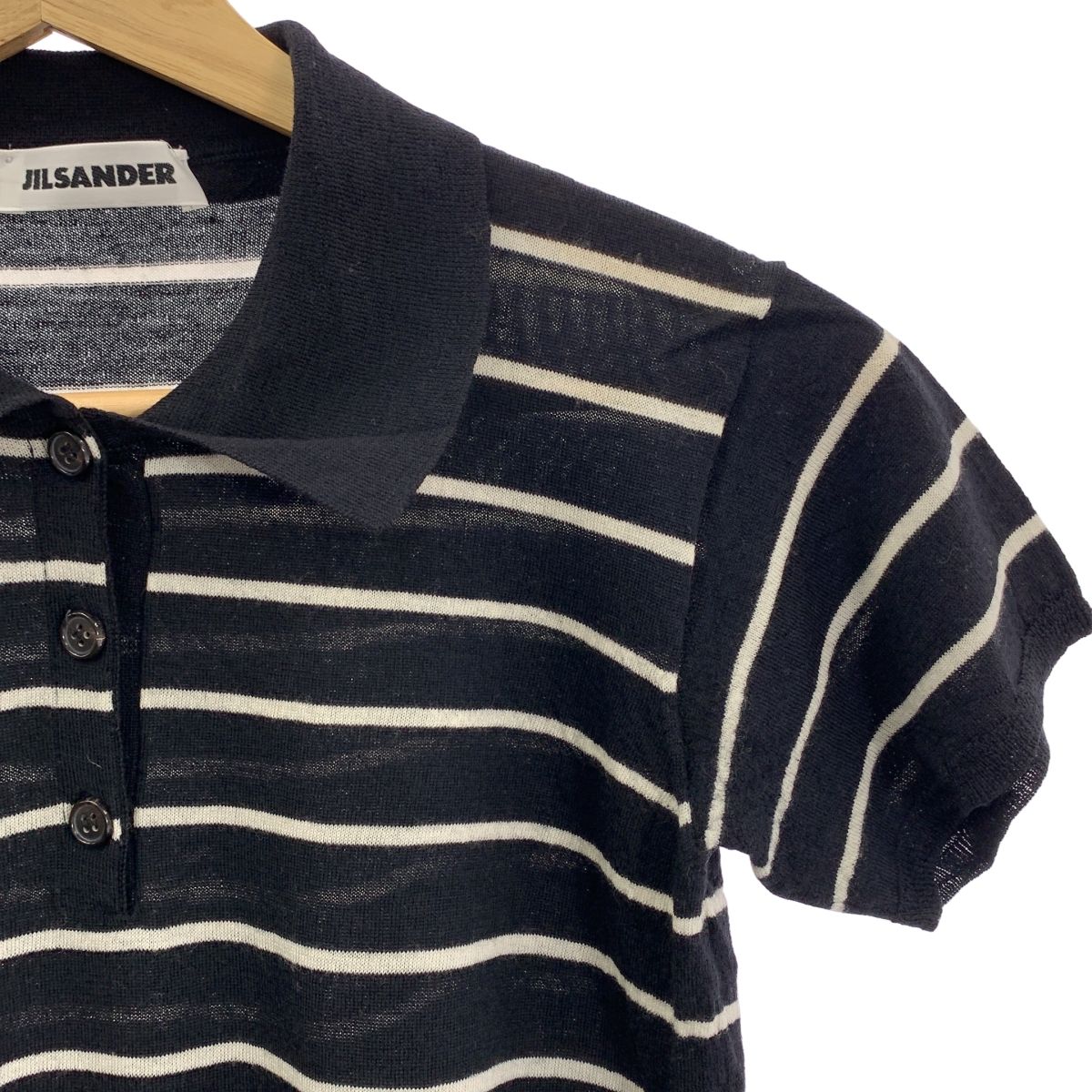 JIL SANDER ジルサンダー ウール ボーダー ポロ ニット 38 ブラック ホワイト レディース