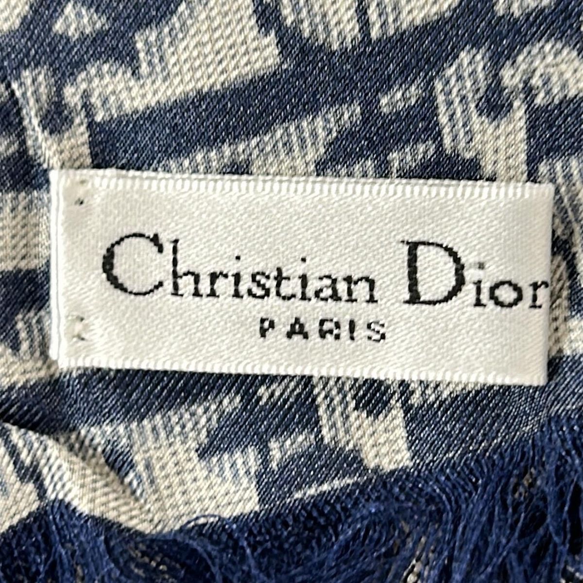 DIOR ChristianDior ディオール クリスチャンディオール スカーフ - ダークネイビー×アイボリー ロゴグラム柄 フリンジ