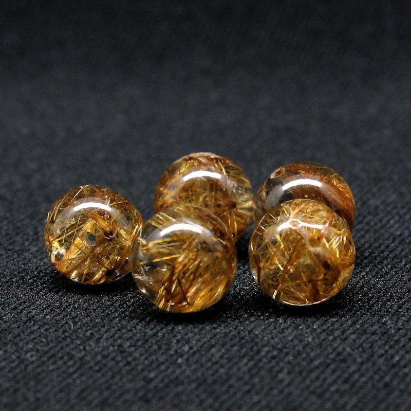 5珠セット五芒星にアップグレード ゴールドルチルクォーツ 10 mm 透明感と太針が魅力の一点物 GHTU 31 合計10 g 粒売り ハンドメイド 交換用ゴム付＆巾着 金運 ビジネス運 人間関係 目標達成 金針水晶 お守り効果 京海堂 天然石の卸 京の蔵