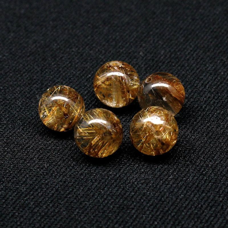 5珠セット五芒星にアップグレード ゴールドルチルクォーツ 10 mm 透明感と太針が魅力の一点物 GHTU 31 合計10 g 粒売り ハンドメイド 交換用ゴム付＆巾着 金運 ビジネス運 人間関係 目標達成 金針水晶 お守り効果 京海堂 天然石の卸 京の蔵