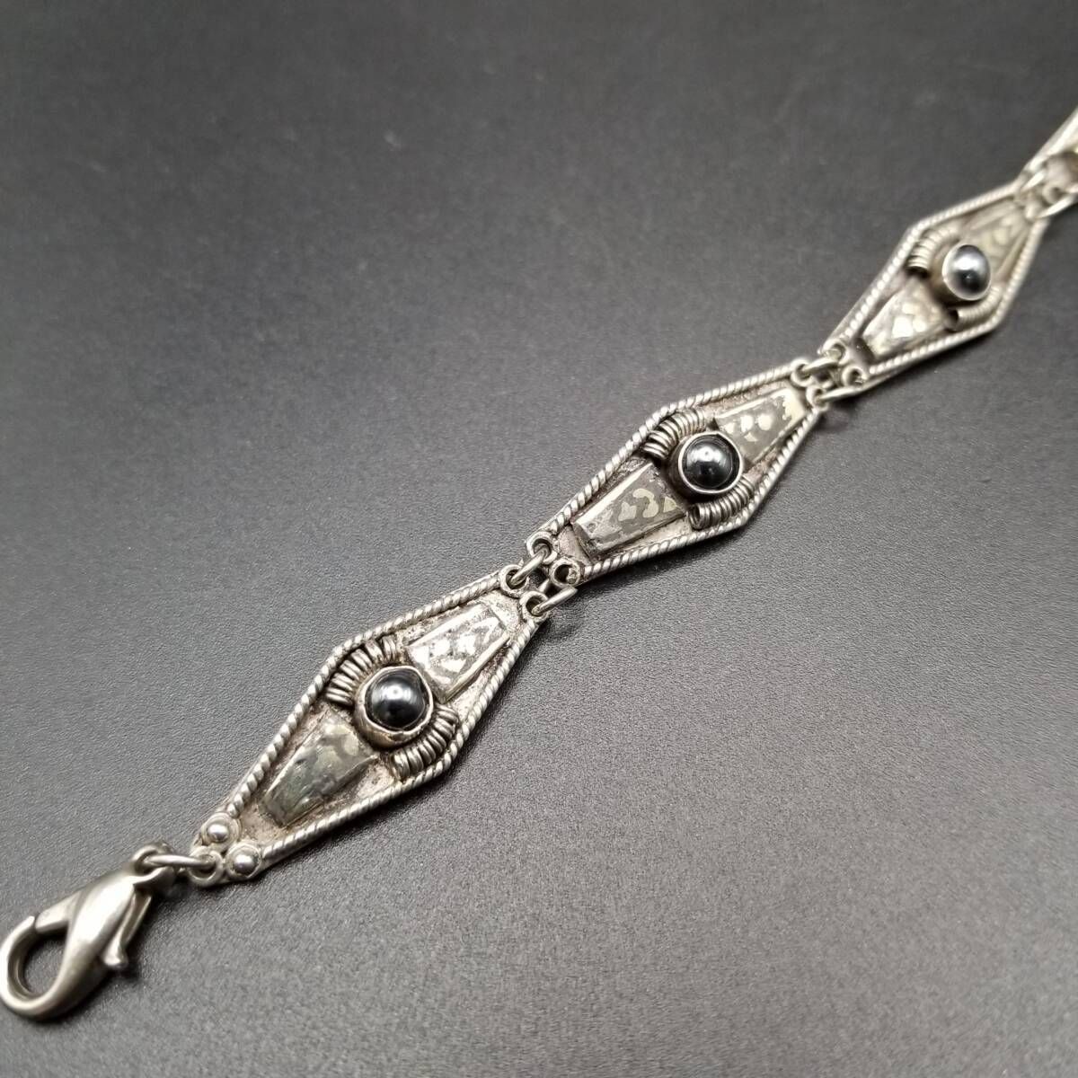 ヘマタイト装飾 クラシカル ひし形チェーン ケーブルリム 925 シルバー ヴィンテージ ブレスレット 銀 レトロ Y 19-D