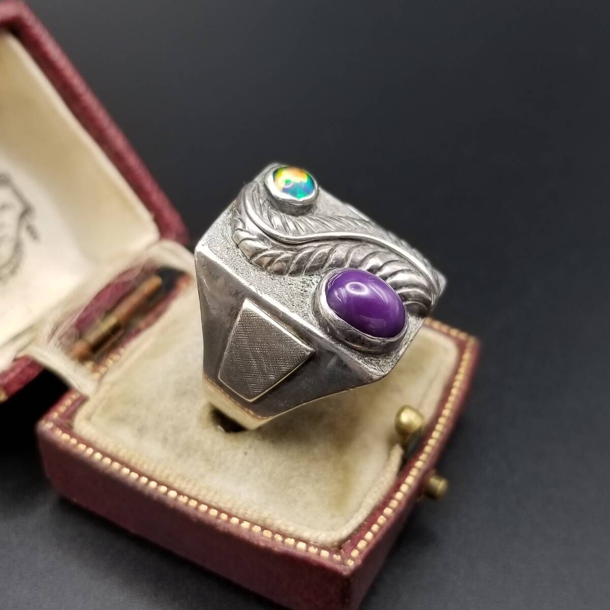 羽根 装飾 スターサファイア オパール カボション 925 シルバー ヴィンテージ シグネット リング 指輪 銀 重厚感 サウスウェスタン Y 19 K