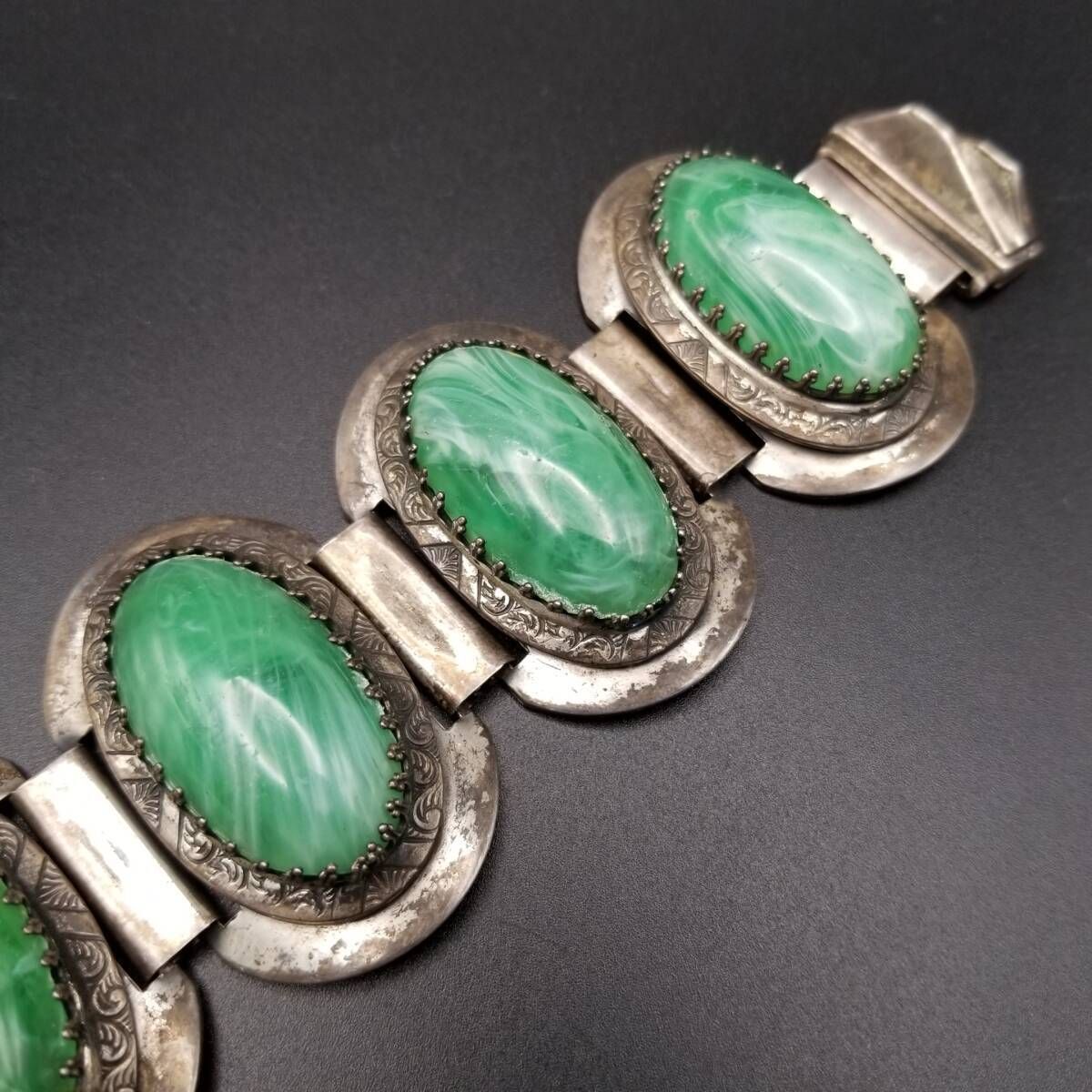 大粒マーブルグリーン カボション パネルチェーン ヴィンテージ シルバー ブレスレット レトロ ステートメントジュエリー Y 19-M